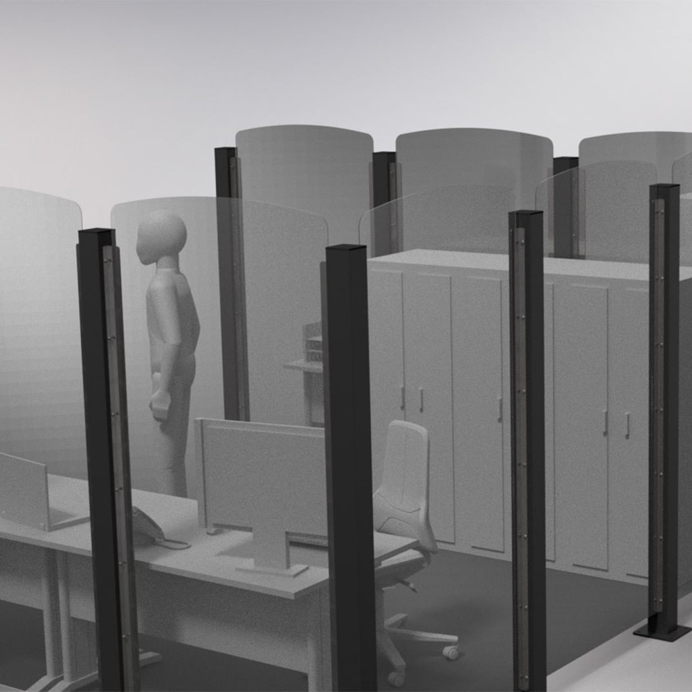 Render 3d di un ufficio con parete divisoria protettiva Safe Wall